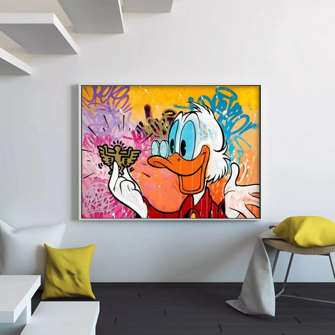 Colorful pop art painting of Donald Duck holding money in a Cartoons collection.