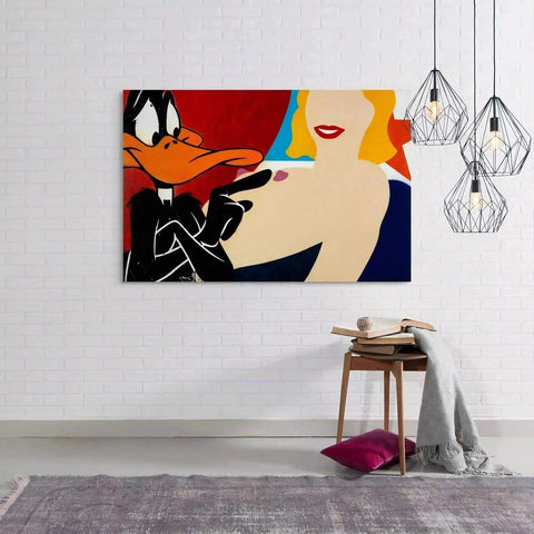 Colorful pop art painting of a cartoon duck and a stylized woman’s face in Cheeky collection.