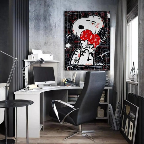 Modern home office with Snoopy pop art canvas in a stylish workspace collection Love