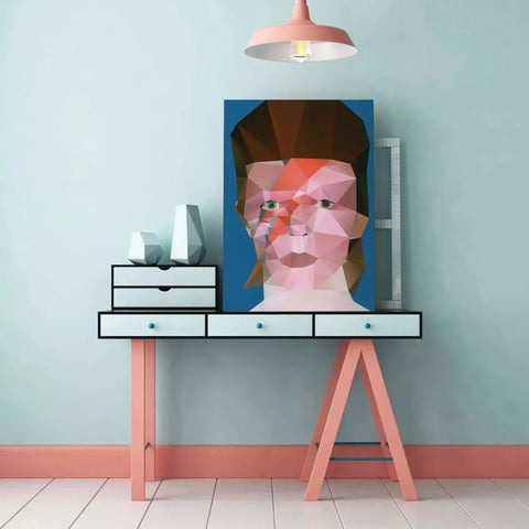 Colorful geometric portrait painting on a blue background in Music collection