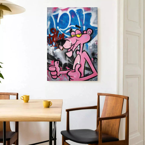 A painting on the wall of a dining room