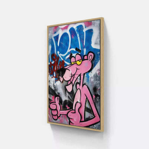 A painting of a pink dog with a blue background