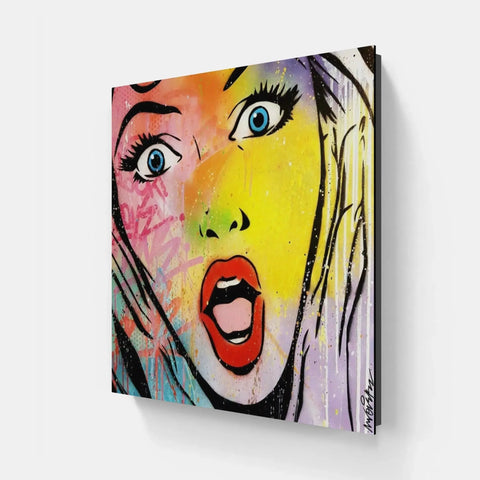 A painting of a woman with a surprised expression