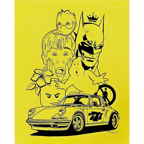 A yellow poster with a cartoon character and a cat