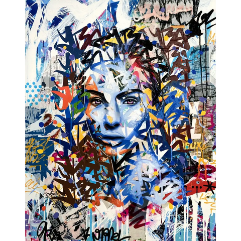 A painting of a woman’s face with colorful paint splats