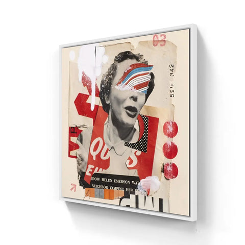 Canvas print featuring a collage-style artwork with abstract elements and text.