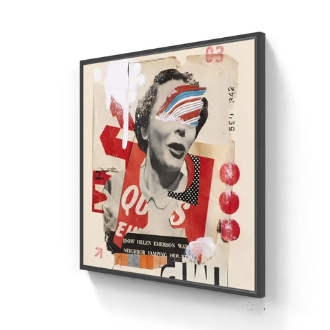 Framed artistic collage featuring a stylized portrait with colorful geometric elements and text overlays.