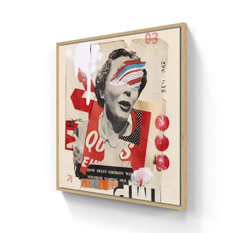 Framed mixed media artwork featuring a stylized portrait with vibrant red and blue geometric elements obscuring part of the face.