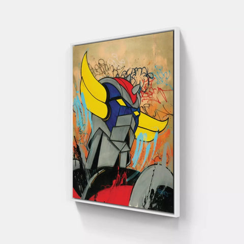 A painting on a wall with a yellow and blue abstract painting