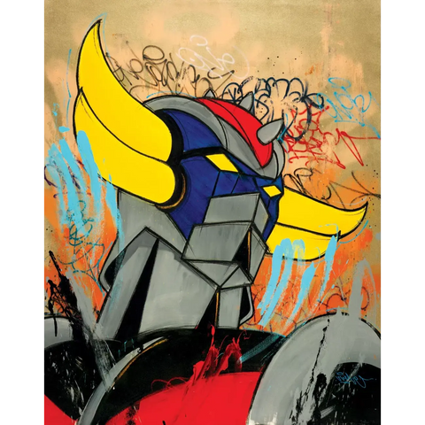 A painting of a robot with a red and yellow helmet