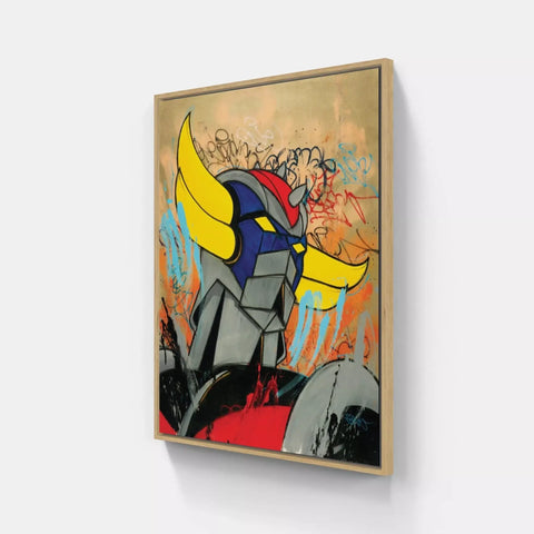 A painting on a wall with a yellow and blue face