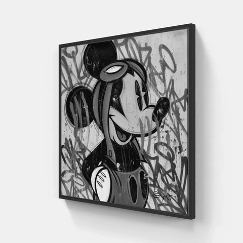 A black and white painting of a mickey mouse