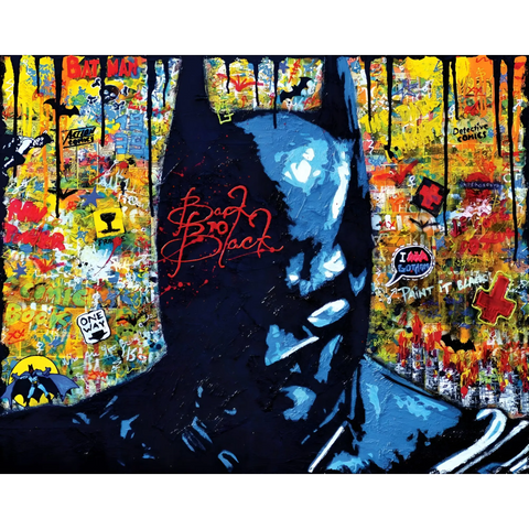 Batman silhouette rendered in blue against a graffiti-style background.