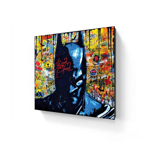 Dark silhouetted Batman head against colorful graffiti-style artwork.