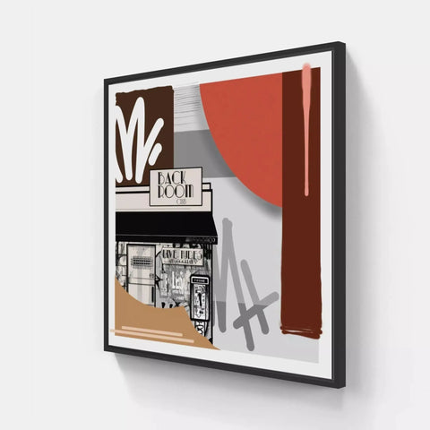 A framed print of a coffee shop