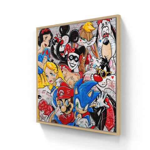 A wooden frame with a cartoon character illustration on it