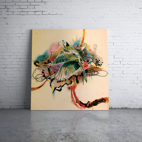 Abstract painting featuring vibrant, swirling brushstrokes and dynamic lines in various colors.