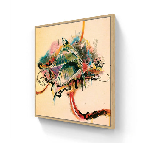 Colorful abstract painting featuring a bird-like form with vibrant splashes and swirls of various hues.