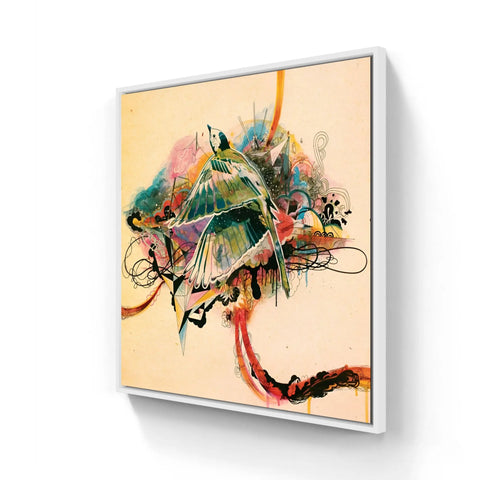 Colorful abstract painting featuring a bird-like form with vibrant splashes and swirls of various hues.