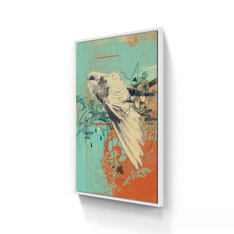 Artistic rendering of a bird with outstretched wings in muted teal and orange tones.