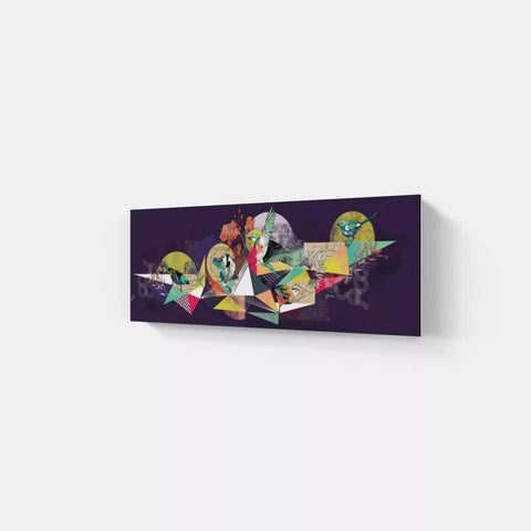 A colorful abstract painting on a white wall