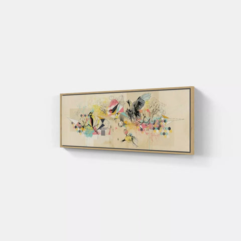 A painting on a wall with a bird and flowers