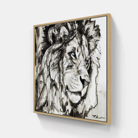 A black and white painting of a lion