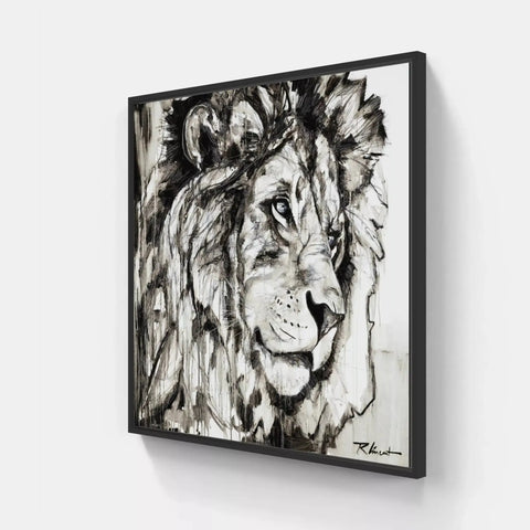 A black and white painting of a lion