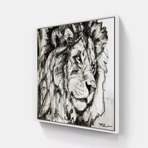 A black and white painting of a lion