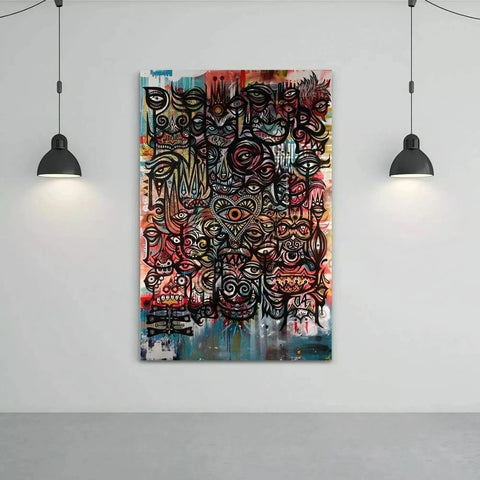 A large abstract painting on a wall