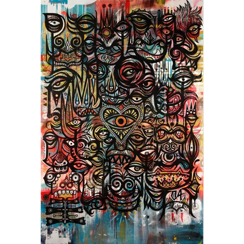 A painting with many different faces and colors