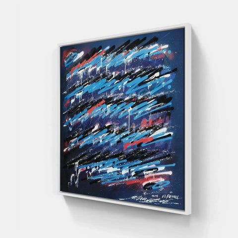 A painting on a wall with a blue and red abstract painting