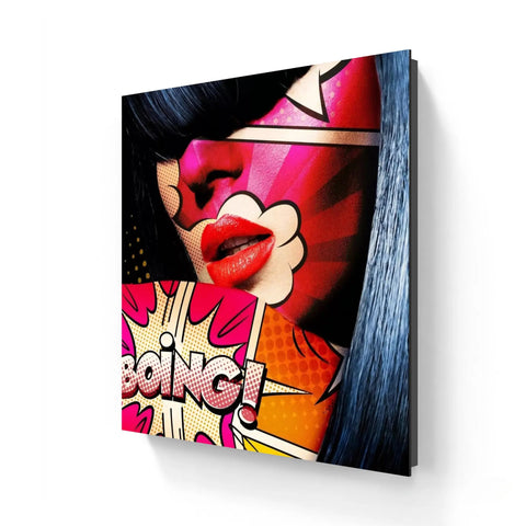 Pop art style canvas featuring bright red lips and comic book text saying ’BOING!’