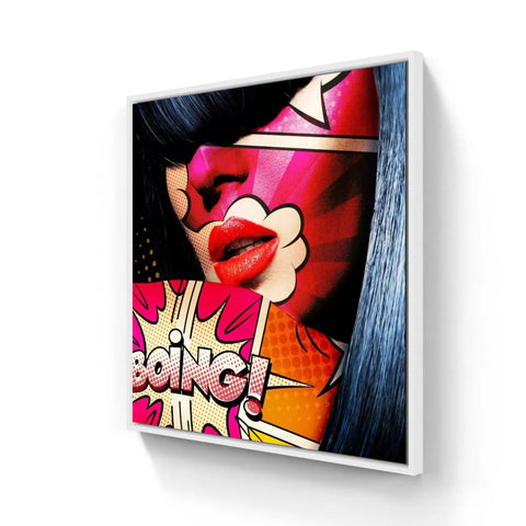 Pop art style canvas print featuring bright red lips and comic book text saying ’BOING!’