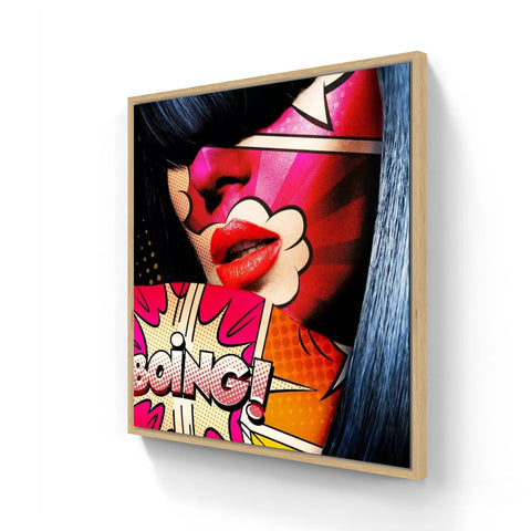 Pop art style wall piece featuring bright red lips and the word ’BOING!’ in comic book fashion.