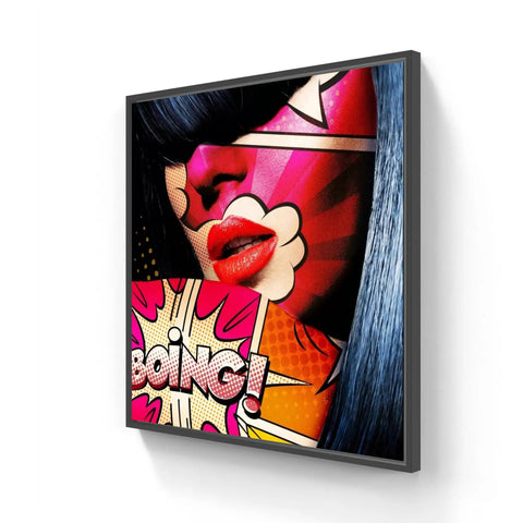 Pop art style canvas featuring bright red lips and a comic book ’BOING!’ text effect.