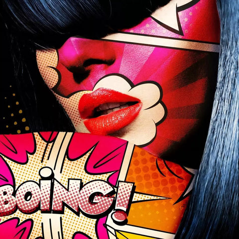 Red lips with comic book style ’BOING!’ text in pop art fashion.