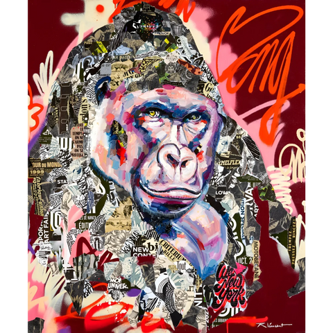 A painting of a gorilla with many different types of graffiti