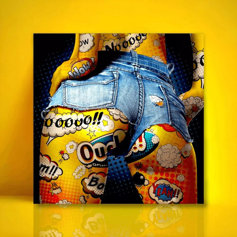 A painting of a pair of jeans on a yellow background