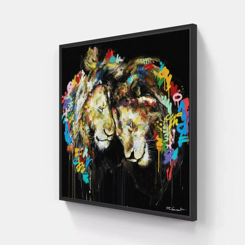 A painting of a lion with colorful paint strokes on it