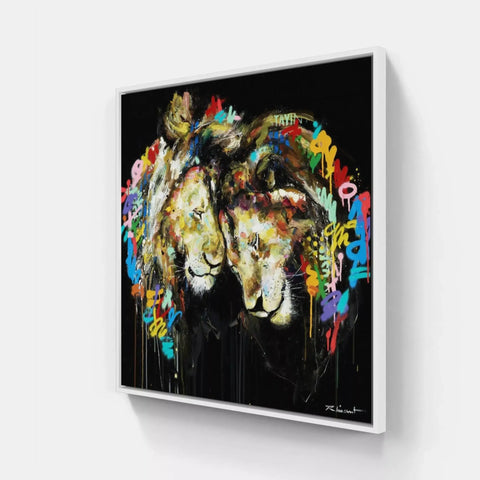 A painting of a lion with colorful paint strokes