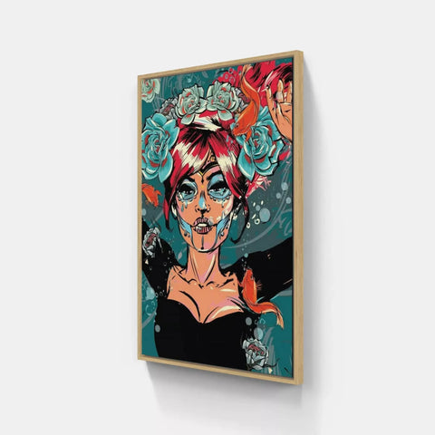 A framed print of a woman with flowers on her head