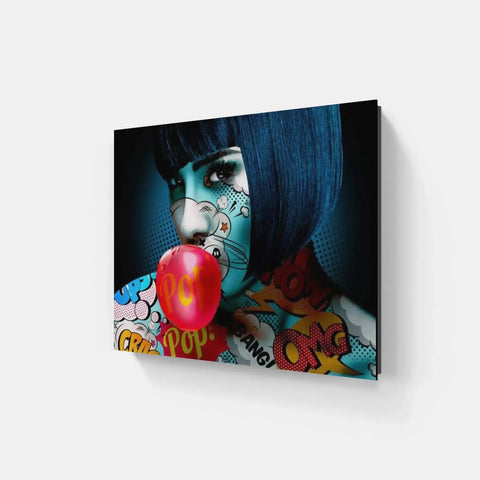 A woman with blue hair and tattoos holding a red apple canvas print