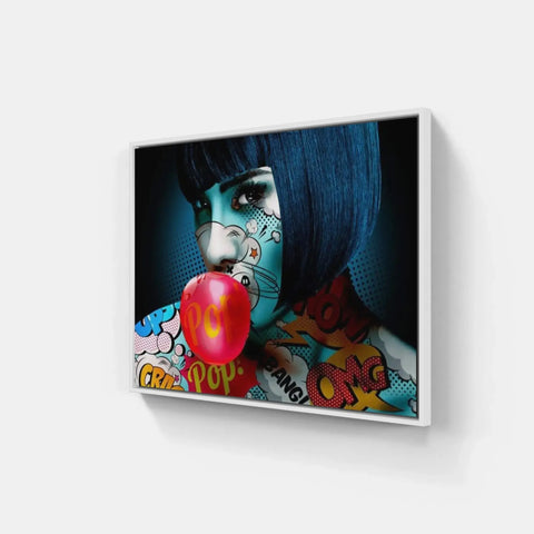 A woman with blue hair and tattoos holding an apple canvas print