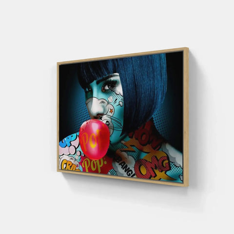 A woman with blue hair and tattoos holding an apple