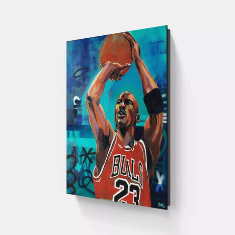 A painting of a basketball player holding a ball