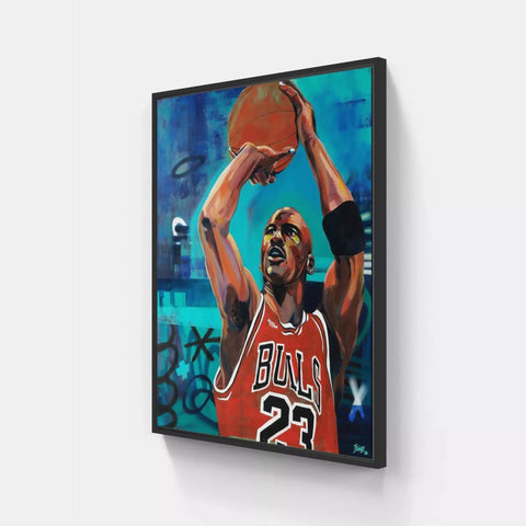 A painting of a basketball player holding a ball