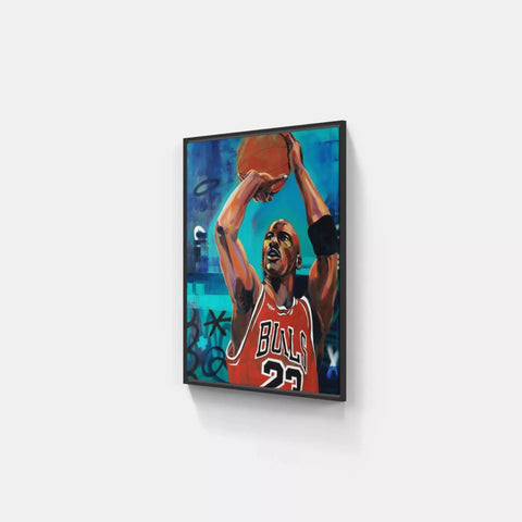 A painting of a basketball player holding a ball