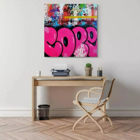 A painting on a wall with a chair and a table