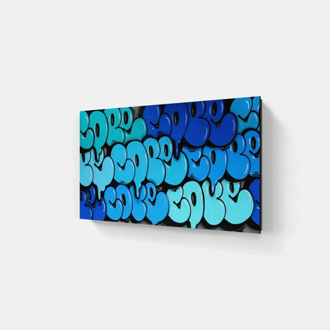 A large blue and black abstract painting on a white wall